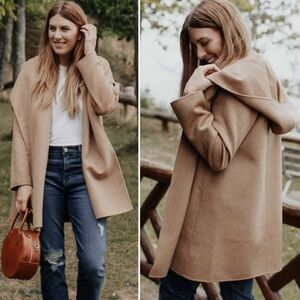 Vince Wool Blend Open Front Hooded Camel Brown Coat Medium Neutal